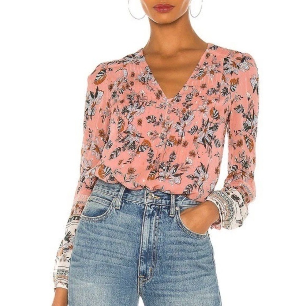 Veronica Beard Sz 6 Pink Floral Lowell Silk Blend Blouse Metallic V-Neck Women's